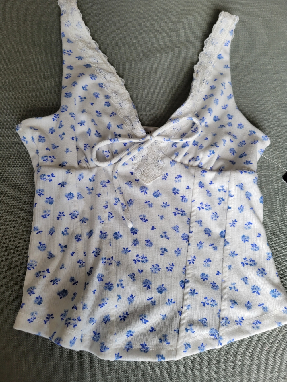 Madden Girl White Tank Top with Blue Floral Print and Lace Trim